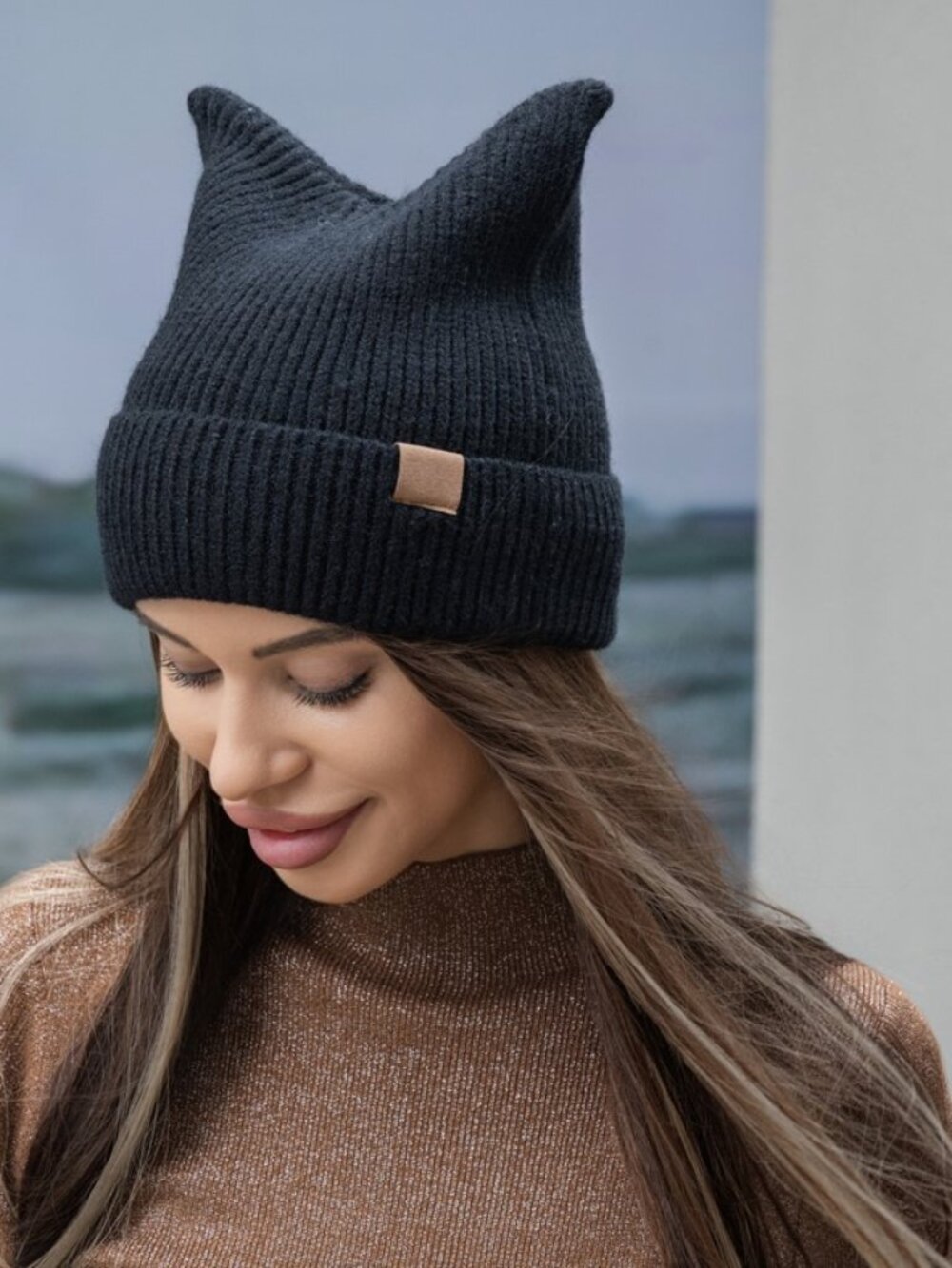 Cute Kitty Cat Ear Knitted Beanie Hat Black for Women